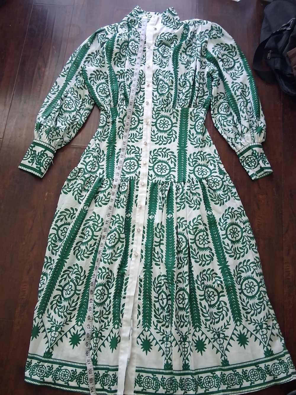 White and Green Printed Long-Sleeve Midi Dress